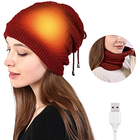 LUZLED Heated Hat USB Electric Warm Heated Beanie Hat Men Women Winter Battery Heat Skull Beanie Warm Winter Cold Protection Outdoor Rechargeable Warm Heated Hat（red）