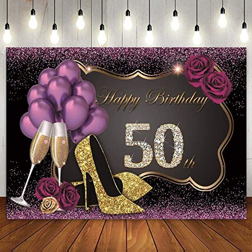 Alles Gute zum 50. Geburtstag Kulisse Glitzernd Lila Gold Rahmen Hintergrund Champagner Glas Heels Rosen Ballon Party Banner Dekoration