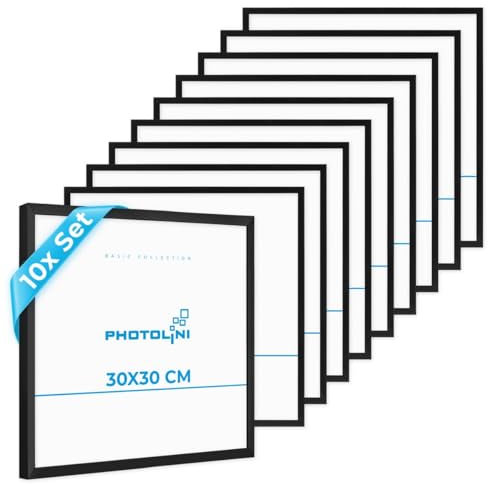 PHOTOLINI Bilderrahmen 30x30 cm Schwarz, 10er Set Kunststoff-Rahmen schmal, bruchsicheres Acrylglas, zum Aufhängen, extra Zubehör - Dokumentenrahmen für Urkunden, Zertifikate & Fotos