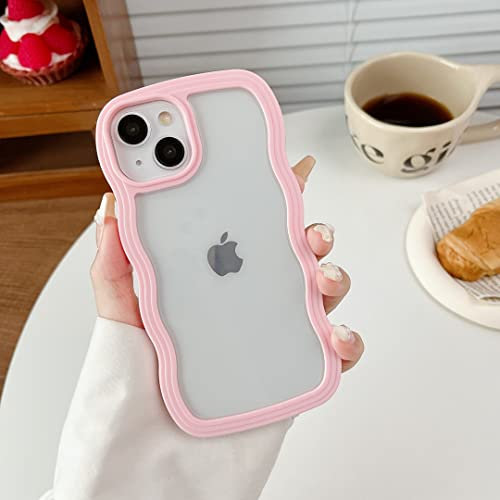 XIZYO Clear Case for iPhone 14 Plus 6.7 Inch, Cute Transparent Curly Wave Frame Aesthetic Design Soft TPU Bumper Case, for Women Girls Slim Shockproof Protective Phone Case, Pink