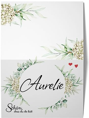 50 Tischkarten/Platzkarten Schön, dass du da bist für Hochzeit, Konfirmation, Geburtstag, Feier - A7 Klappkarten im Boho-Design: Hortensie
