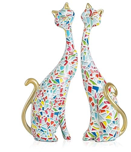 Masteymoh Medieval Cat Decor Set of 2, Resin Cat Statue & Figurines Ornaments, 9.6-Inch Art Sculptures for Bookshelf & Desktop, Bright Y145