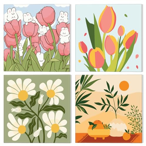 NAIMOER Framed Paint by Numbers for Age 15 Up, 4 Pack Flowers Paint by Numbers Canvas for Adults, Paint by Number Kits, DIY Acrylic Cartoon Painting (8x8inch)