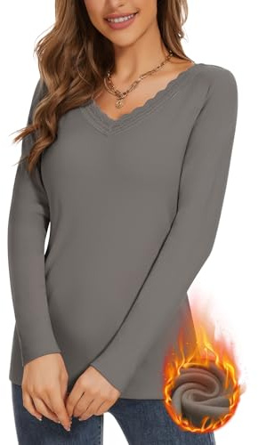 WOWENY T-Shirt Thermique à Manches Longues pour Femme - Pull Chaud d'hiver - Col en V - T-Shirt Thermique à Manches Longues - T-Shirt Fonctionnel Gris XL