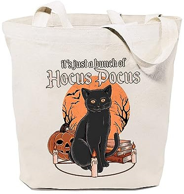 GXVUIS It's Just A Bunch Of Hocus Pocus Canvas-Tragetasche für Damen, Halloween, schwarze Katze, Grafik, wiederverwendbare Einkaufstaschen, Weiss/opulenter Garten, Einheitsgröße