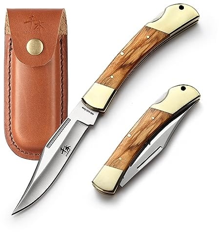 SENBON Folding Lock Back Knife 4 in 440a - Coltello affilato per esterni, in legno d'ulivo, manico in rame con fodero in pelle