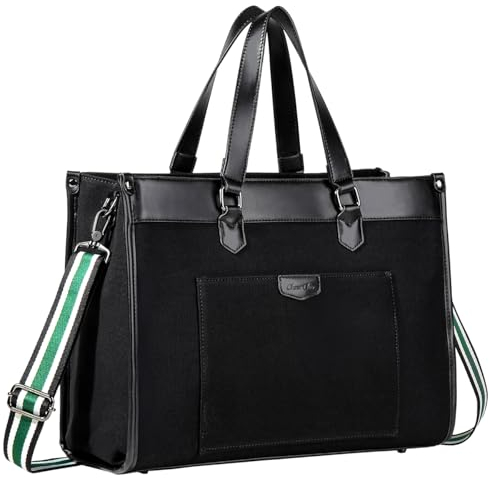 Chase Chic Cabas Femme Toile, Sac à Main Ordinateur Portable 15,6 Pouces Grande Capacité Résistance à l'eau Sac de Cours Sac à Bandoulière pour Travail, Loisir, Voyage Noir