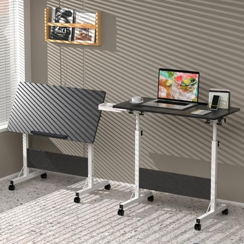 Mobiler Schreibtisch Höhenverstellbarer mit Klappbar Platte, 80x40cm Tisch | Computertisch mit Schublade, Verstellbare Rollen, Verstärkter Kaltgewalzter Stahl, Schwarz Desk für Sofa Bett Homeoffice Büro