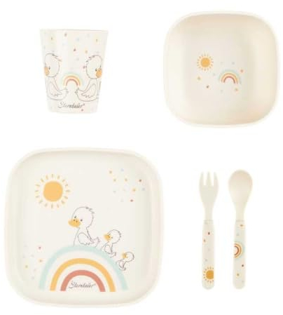 Sterntaler Geschirrset Ente Edda Lou ecru, 5er Set für Jungen und Mädchen bestehend aus Trinkbecher, eckigem Teller, eckiger Breischale und Löffel und Gabel