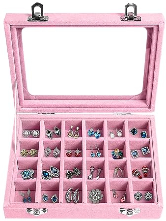 24 Fächer Damen Schmuckkasten Schmuck Box Schmuckkoffer Schmuckständer Aufbewahrungsbox für Ringe Ohrringe Halskette (Rosa)