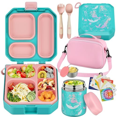 wiwens Bento Lunch Box for Kids with 12oz Soup Thermo Leak-Proof Lunch Food Container with 5 Compartment Thermo Hot Food Jar and Insulated Lunch Bag for Kid Toddler Girls Boys to School