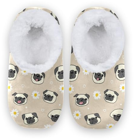 Naanle Damen-Hausschuhe, Gänseblümchen, Mops, Hunde-Hausschuhe, flauschiges Fell, bequem, Fleece, warm, Schlafzimmerschuhe, Hausschuhe, mehrfarbig, 37/38 EU