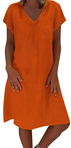 Sommerkleid Damen Leinen Kleider Kurzarm Kleid V-Ausschnitt Freizeitkleid Große größen Sommerkleider Casual A-Linie Strandkleid Knielanges Einfarbig Midikleid Strand Strandkleider