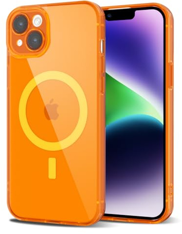 Svanove for iPhone 14 Case Clear Compatible with Magsafe, Fluorescent Transparent Magnetic Magnet Mag Case, Slim Thin Bright Silicone Grip & Shockproof Bumper Camera Cover, Neon Orange