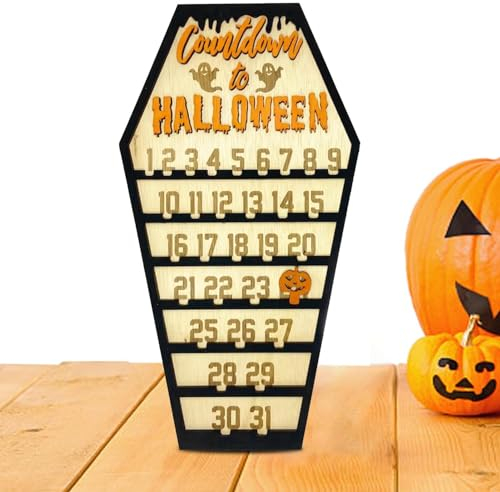 Pzuryhg Halloween-Countdown-Kalender, beweglicher Sarg-Kalender, Holzornament, Halloween-Zubehör und Dekorationen, Advents- und Countdown- für Freunde und Familie
