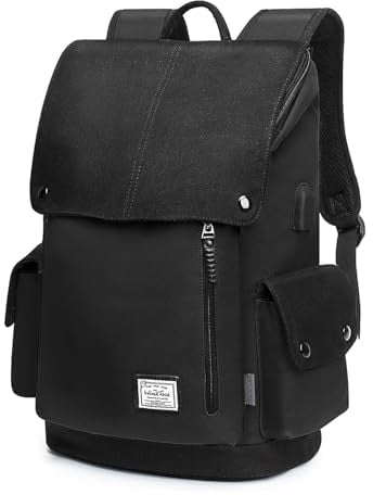 WINDTOOK Canvas Laptop Rucksack Damen&Herren Groß Schulrucksack Mit Computerfach 15,4 Zoll Business Reisen Tagesrucksack Daypack Arbeitstasche Wasserdicht Uni Rucksacktasche Teenager (Schwarz)