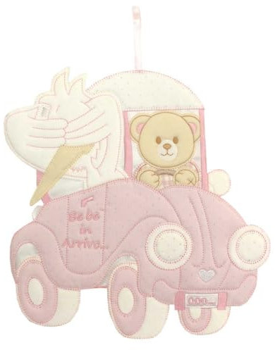 Fiocco Nascita Macchinina rosa, Coccarda Nascita Macchinina con orsetto e Cicogna, Coccarda Nacita Bimba