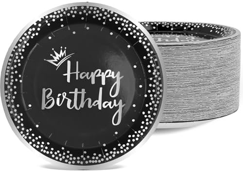 Kaxtde 100 Pcs Happy Birthday Paper Plates Bulk, 18 cm Black and Silver Party Plates with Foil Polka Dots, Disposable Dessert Birthday Paper Plate for Party Supplies Decorations