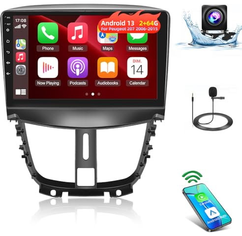 [2+64G] Autoradio Android 13 pour Peugeot 207 2006-2015 avec sans Fil Carplay & Android Auto, Radio Tactile 9 Pouces avec WiFi GPS Mirror Link DSP FM/RDS Radio SWC+ AHD Caméra de Recul