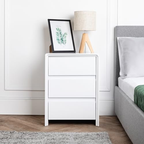 Home Treats Chest Of 3 Drawers High Gloss - Multiuse Bedroom Wooden Furniture | Bedside Wood TV Stand | White Storage Cabinet (3 Drawer – Round Edge)