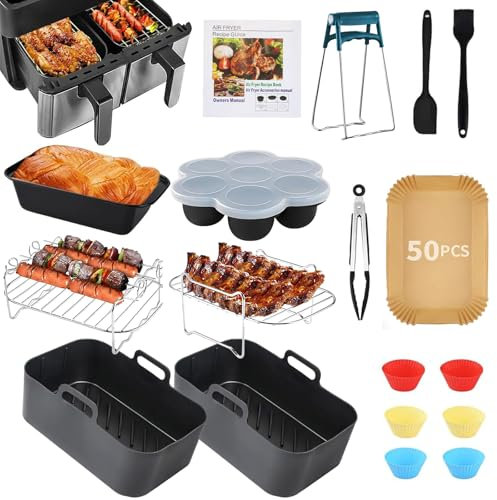Komicea Heißluftfritteuse Zubehör, Airfryer Zubehör für Ninja AF400EU, AF300EU, Tower T17088 7.6L-9.5L, Dual Zone Ninja Air Fryer Accessories Silikonform, Grillrost, Backform, etc