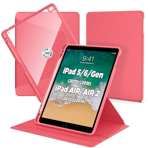 CACOE Custodia rotante per iPad da 9,7'' (6°/5° generazione 2018 2017)/ iPad Air/iPad Air 2 con portapenne, cover girevole a 360° in acrilico, retro trasparente antiurto bordo (rosa anguria)