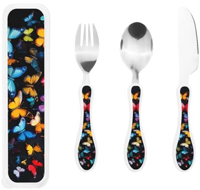 Big Kids - Set di posate per bambini, con cucchiaio, coltello e forchetta, in acciaio inox per uso alimentare (stampa colorata con farfalle e animali)