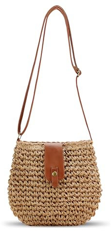 Bototack Straw Beach Bag for Women, Small Summer Crossbody Bag with Zipper, Bohemian Weave Handmade Shoulder Handbags for Beach Vocation Holiday (Khaki)