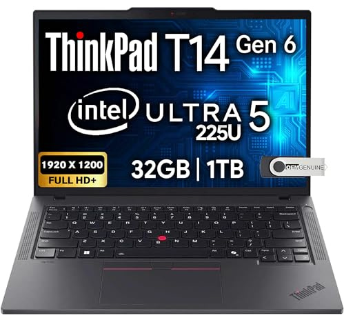 Lenovo ThinkPad T14 Gen 6 portátil empresarial 14 FHD+ IPS, Intel Ultra 5 225U, 32GB DDR5 RAM, 1TB SSD, cámara web HD 5MP, lector de huellas dactilares, retroiluminación, Wi-Fi 6E, 2 Thunderbolt 4