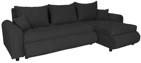 FORNIRO 24 Romeo Ecksofa 143x232x80cm Schwarz Wohnzimmer Couch Schlafsofa | Mit Schlaffunktion & Bettkasten - L-Form - Kissen - Stoff Basic | ausziehbar Gäste bequem Stauraum Design hochwertig Eckcouch