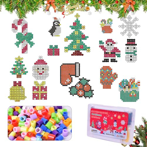SPHERETRON 2500 Stück Bügelperlen Weihnachten Set 7 Farben Bügelperlen Set, 5mm Steckperlen mit Platten 17 Weihnachtsmuster Bügelpapier Anhänger und Zubehör Weihnachtsdeko Basteln Für Kinder (B)