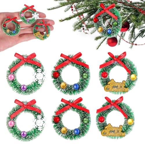 Housoutil Mini Christmas Wreath, 6pcs Dollhouse Artificial Xmas Small Wreath, Miniature Xmas Tree Frost Sisal Hanging Artificial Ornaments for Dollhouse Embellishments Decoration