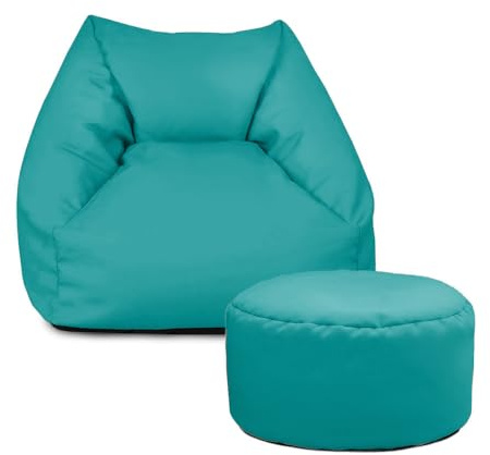 rucomfy Water Resistant Kids Beanbag Armchair With Footstool - Turquoise | Snuggle Chair Kids Armchair Bean Bag Seat Pre-Filled - Childrens Bedroom & Garden Furniture for Boys and Girls - 50x46x48cm