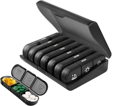 Tablettenbox 7 Tage, Wöchentlicher Pillendose 7 Tage 3 Fächer, 21 Fächer Pillenbox, Tragbare Tablettenbox, für Medikamente, Vitamine, Fischöl (Schwarz)
