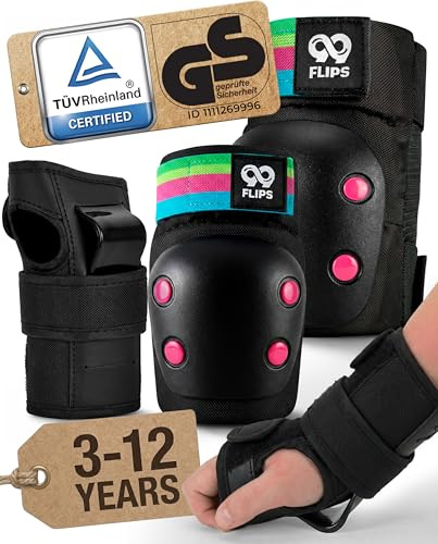 99FLIPS Protektoren Kinder Knieschoner Kinder - Schoner Inliner Set | Protektoren Inliner - Black Rainbow, XS - Schoner Set für Inline Skates, Skateboard, Rollschuhe & Scooter - SLIDE - Schützer