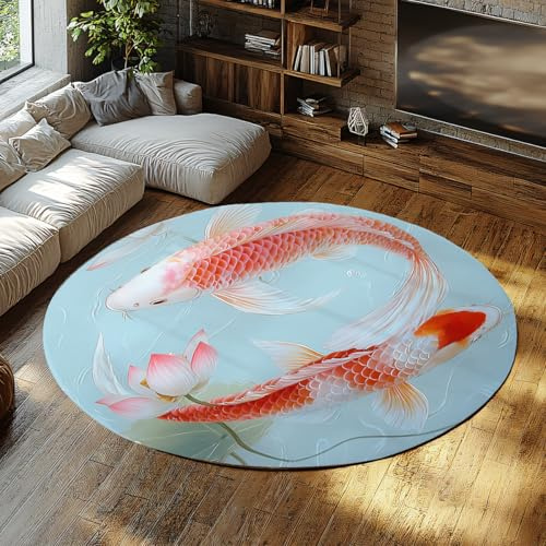 TOANGWALL Tapis 170cm Rond en Fleur de Lotus Rose carpette circulaires antidérapants Orange Rouge Poisson Koi Lucky Feng Shui Asia Oriental Pliable Grand Poil Bas et Fin Descente lit pour Salon