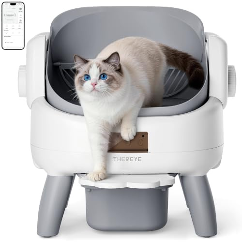 Thereye Selbstreinigende Katzentoilette Offenes mit Einstiegstufe | Katzenklo mit App-Steuerung,11-facher Sicherheitssensor,Sicherer Einklemmschutz,Geruchsbeseitigung für mehrere Katzen