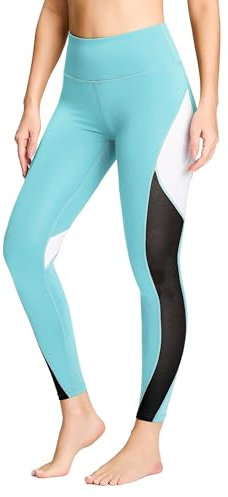 QUEENIEKE Women Yoga Pants Color Blocking Mesh Workout Running Leggings Tights Size M Color Sky Blue