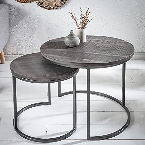 invicta INTERIOR Retro 2er-Set Beistelltische Elements 55cm Mangoholz grau Massivholz Wohnzimmertisch Holztische Satztische