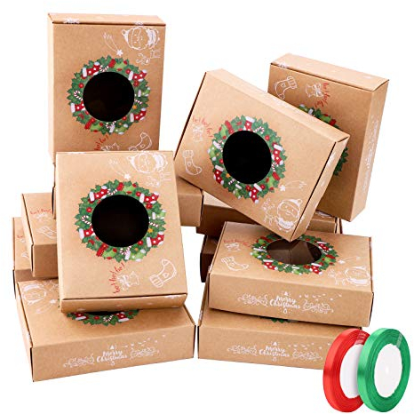 12Pcs Christmas Cookie Boxes With Window and 2 Roll Ribbon - Kraft Paper Dessert Gift Box for Xmas Holiday Festival - DIY Cake Decorative Treats Container