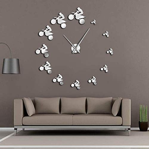 Dirt Bike Riders DIY Relojes de Pared Gigantes Deportes Extremos Bicicleta de Tierra aérea Sin Marco Reloj de Pared Grande Bicicleta de montaña Reloj de Motocicleta(Plata, 120 cm)