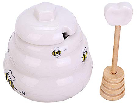 Luoji Honigtopf Mit Honiglöffel In Bienenstockoptik, Honigtopf Aus Keramik Mit Honiglöffel Aus Holz, Keramik Honigtopf Bienenstock Honig Topf