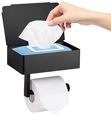 Eendoos Toilettenpapierhalter mit Feuchttücherbox, Mattschwarzer Wandhalterung Klorollenhalter, Papierrollenhalter aus Edelstahl, Rollenhalter für Küche und Badzimmer-Selbstklebend oder Bohren