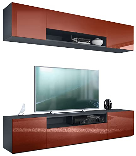Vladon Wohnwand Mogan mit Zwei 181 x 39 x 35 cm Elementen, hängende Wohnzimmer Anbauwand mit 12 Fächern, Korpus in Anthrazit matt, Fronten in Bordeaux Hochglanz
