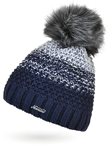 Neverless® Damen Strick-Mütze gefüttert Fleece Fell-Bommel Kunstfell Winter-Mütze Bommelmütze Grobstrick Mehrfarbig Navy-hellblau Unisize