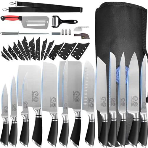 XYJ professionnel couteau de chef set avec sac, fourreau, boucher couteau à viande, découpe de cuisine, santoku, utilitaire, fruits, acier inoxydable