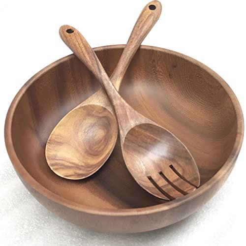 XD MEXL Wooden Salad Bowl Set, 9.45 inch Acacia Wood Large Salad Serving Bowl with Fork and Spoon, Handmade Wooden Mixing Bowl Utensils Set (3pcs)