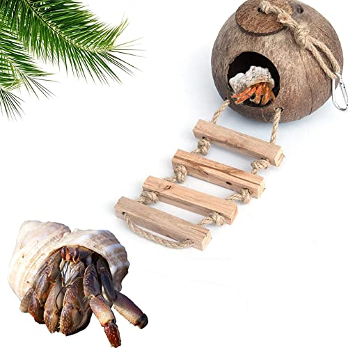 Einsiedlerkrebs Kokosnussschalenhütte mit Leiter, robuster Höhlenlebensraum mit Aufhängeschlaufe für Gecko, Reptilien, Amphibien und Kleintiere, 12,7 cm Durchmesser, 6,3 cm Öffnung braun