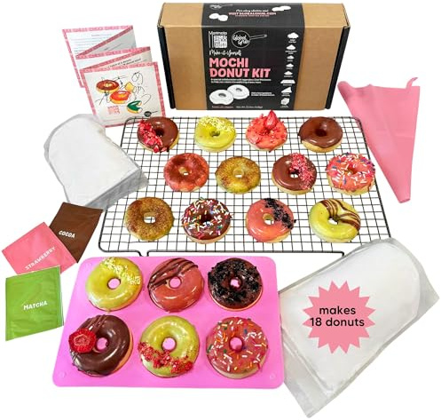 Global Grub DIY Morimoto Mochi Donut Kit - Includes Mochi Donut Mold, Reusable Piping Bag, Sweet Rice Mochi Flour, Confectioners’ Sugar, Strawberry Powder, Cocoa Powder & Matcha Green Tea Powder, Step-by-Step Instructions, Master Chef Approved, Makes 18 baked donuts