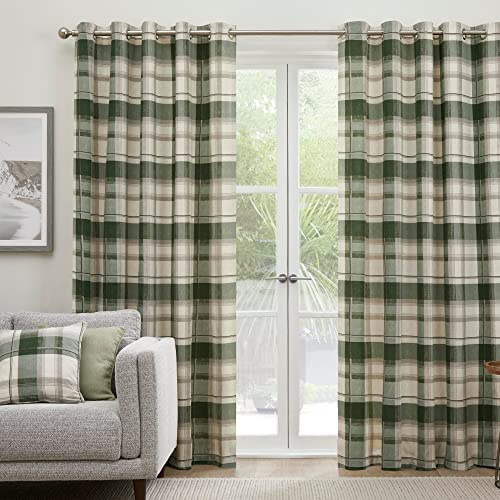 Fusion Green Tartan Curtains W46 x L54 – 100% Cotton Eyelet – Olive Plaid Print – 2 Panels – Dark Green Drapes for Living Room, Bedroom & Office